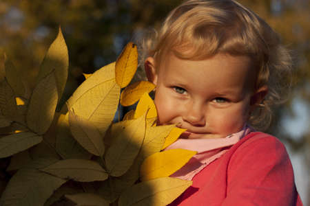 Pretty girl with autumn leaves in the parkの写真素材