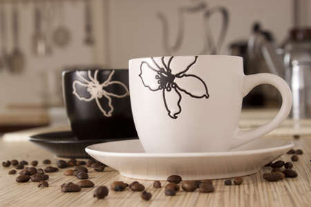 Cups of black coffee in the kitchenの写真素材