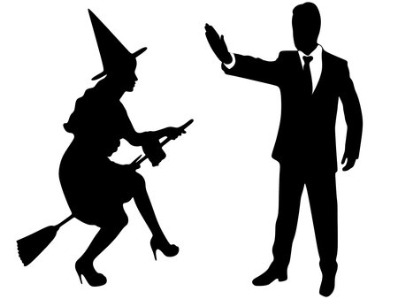 witch on broom and man who showing stop gestureのイラスト素材