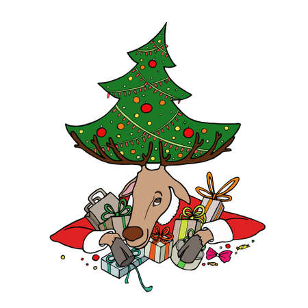 Reindeer with Christmas tree and giftsのイラスト素材