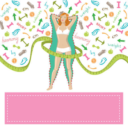 emaciated girl silhouette with full figures and symbols of sportsのイラスト素材