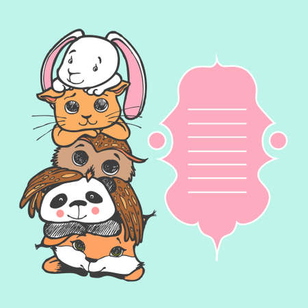 cute fox, panda, owl, cat and bunny lie on each other のイラスト素材