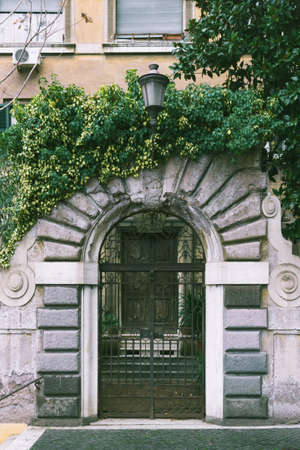 A door in Rome with plants over the facadeの写真素材