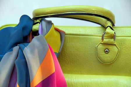 Green leather handbag and scarf of silk, Spring Summer Fashion collection の写真素材
