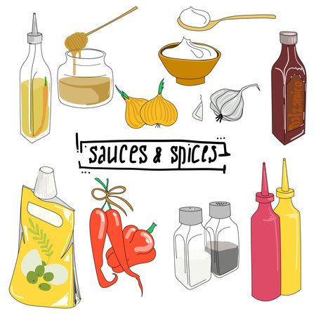 A set of spices, herbs, vinegar and aromatic oil.のイラスト素材