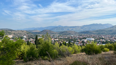 Panoramic view of a small European city in the Balkans.の写真素材