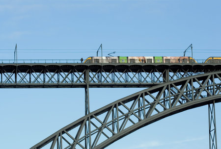 Metro train on the bridge. Porto, Portugal