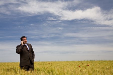 businessman at the phone in the field under blue skyの写真素材
