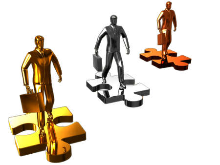 Abstract render of gold and chrome businessman walk on puzzle.の写真素材