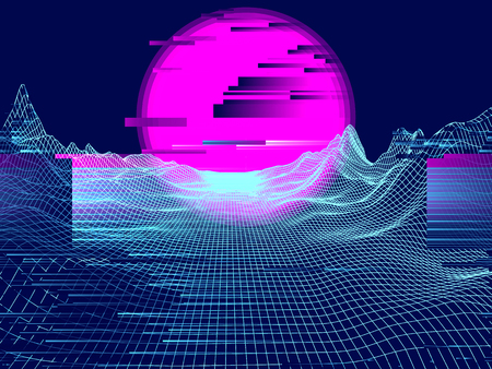 Abstract background landscape mesh with sun on horizon.の写真素材