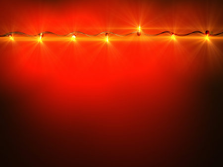 3d render illustration Christmas lights on red background. Shine light garland, copy space.