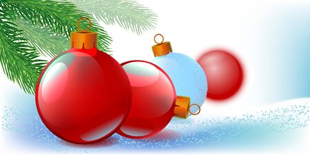 New Year background with Christmas balls in snow and pine. Vector illustration.のイラスト素材