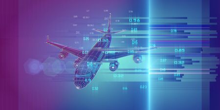 Abstract airplane on gradient  background. Outline wireframe analytical concept. Travel, tourism, transport. Aircraft 3d illustration with data.の写真素材