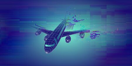 Abstract airplane background from lines and glitch. Outline wireframe analytical concept. Travel, tourism, transport. Aircraft 3d illustration.の写真素材