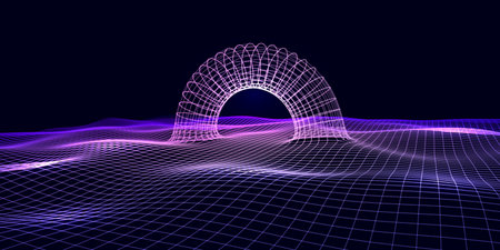 Abstract 3d surface wave with merged torus. Futuristic digital wireframe style. Perspective wave...