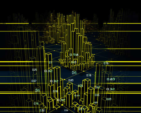 3D rendering abstract infographic with yellow outline columns. Business and finance analytics representation. Big Data. Futuristic geometric analyze data concept.の写真素材