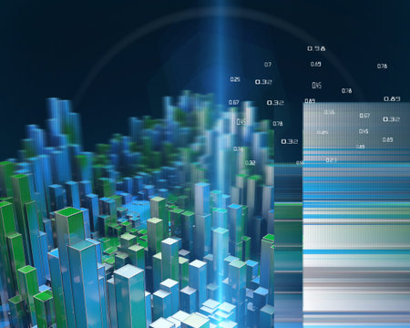 3D rendering of abstract infographic with blue green columns, lines and defocused. Business and...