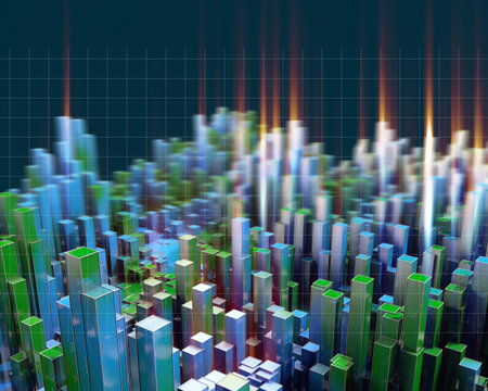 Big Data. 3D illustration abstract infographic with blue green columns and blurred lines. Business...
