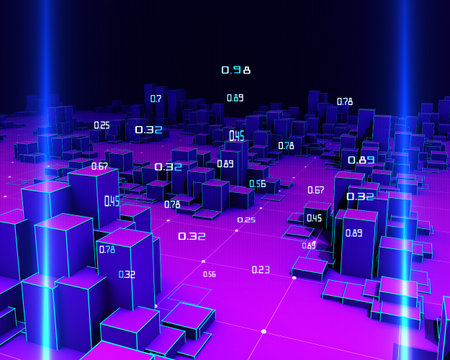 Big Data. 3D illustration abstract infographic with blue wireframe boxes and light lines effects....