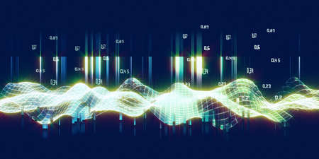 Big data. Abstract infographics with wavy glow grid algorithm data with bllured lines on blue background. Data chart. 3d grid data chart algorithm.の写真素材