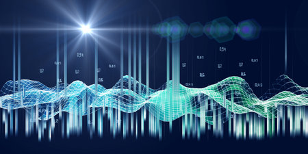 Big data. Abstract infographics with wavy color grid algorithm data on blue background. Data chart....