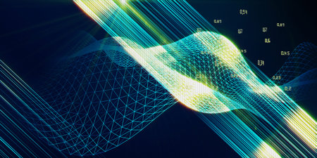Abstract futuristic visualization of wavy grid artificial intelligence. Quantum virtual...