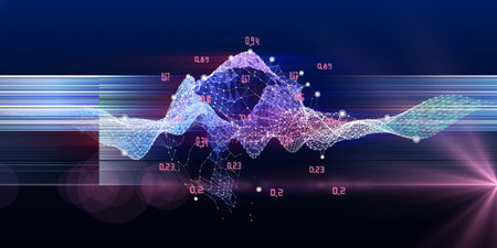 Big data. Abstract visualization analyze algorithm wavy grid data. Artificial intelligence. Quantum...