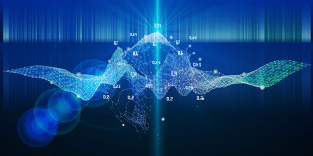 Abstract visualization analyze algorithm wavy grid data. Artificial intelligence. Big data. Quantum...