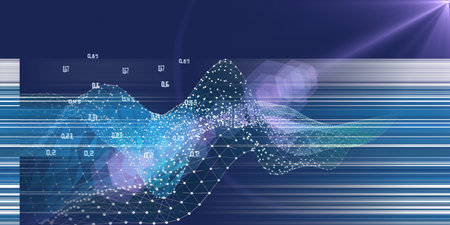 Abstract infographics concept wavy polygonal wireframe with data and blurred lines on dark...