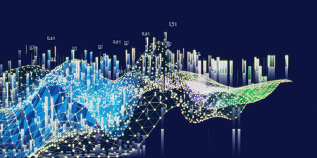 Abstract infographics concept wavy polygonal wireframe with data and glow lines on dark background....
