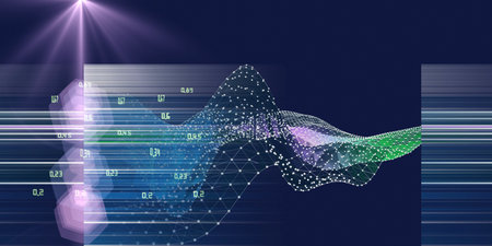 Big data. Abstract infographics concept wavy polygonal wireframe with data and blurred lines on dark...