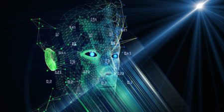Machine learning. Polygonal technology background with 3d wireframe head, blurred lines and lens...