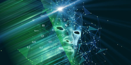 Polygonal technology background with 3d wireframe head in chaotic grid, blurred lines and lens effects. Big data. Machine learning. Artificial intelligence concept for business and scientific. Data science.の写真素材