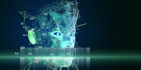 Polygonal technology background with 3d wireframe head, blurred lines and lens effects. Artificial...