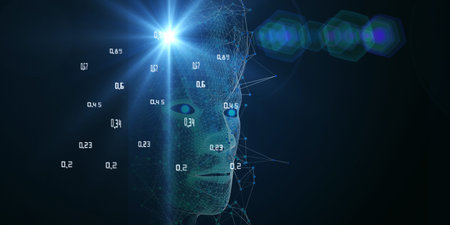 Polygonal technology background with 3d wireframe head, blurred lines and lens effects. Machine...