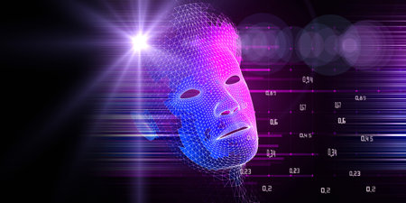 Machine learning. Polygonal technology background with wireframe head cyborg, blurred lines and lens...