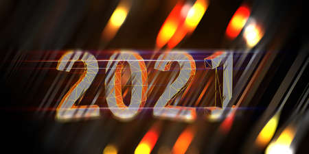 2021.3D polygonal number with lines and glow effects on dark. Futuristic concept 3d illustration background.の写真素材