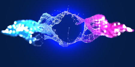 Abstract wavy colorful points background. Futuristic particles surface wireframe concept. Futuristic...