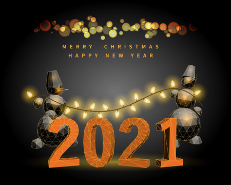 2021 New year concept with two snowmans and gold christmas tree in polygonal cartoon style on dark...