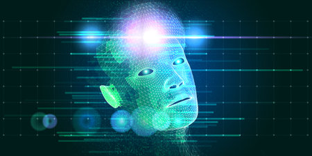 Machine learning. Polygonal technology background with wireframe cyborg head and glow on dark. Data...