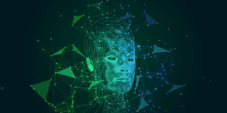 Machine learning. Polygonal technology background with wireframe cyborg head in chaotic grid. Data science. Artificial intelligence concept for business and scientific. Big data.のイラスト素材