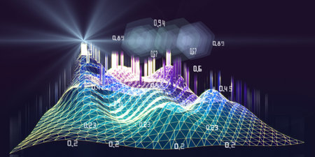 Abstract background with wireframe wavy grid algorithm analyze data with blurred lines. Big data. Quantum cryptography concept. Analytics algorithms data. Banner for business, science and technology.の写真素材