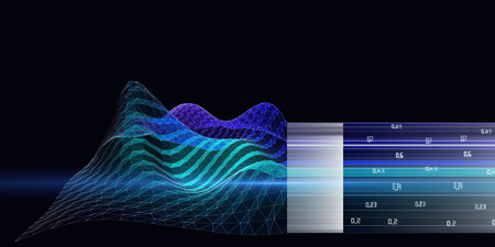 Big data. Abstract background with wireframe wavy algorithm analyze data with blurred lines. Quantum...