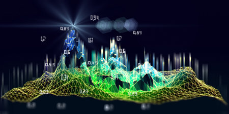 Abstract background with polygonal wave algorithm analyze data with blurred lines. Quantum...