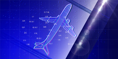 Big data. Abstract background with digital color grid mesh airplane and blurred lines on blue sky....