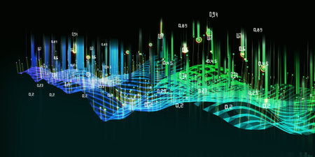 Big data. Abstract background with wavy algorithm analyze data and blurred lines on dark. Quantum...