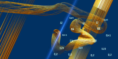 3d rendering twisting flow golden wires and blurred lines with data. Swirled cuprum wire or hair on on blue. Banner technology, connection and golden.の写真素材