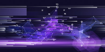 Big Data. Abstract  background with chaotic polygonal color grid and blurred data on dark....