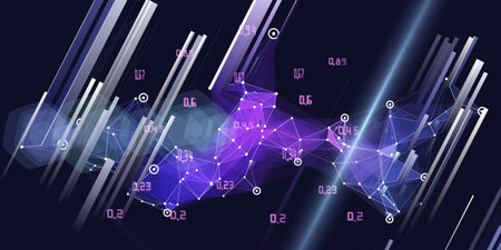 Big Data. Abstract  background with chaotic polygonal color grid and blurred data on dark....