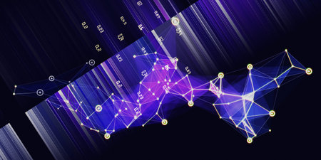 Abstract  background with polygonal color grid and blurred data.  Futuristic technology banner on...